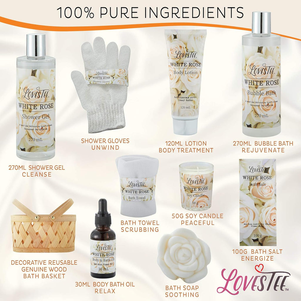 White Rose Set Body Lotion, Shower Gel, Bubble Bath, Bath Salt, Towel, Soap, Oil, Candle, Gloves I803