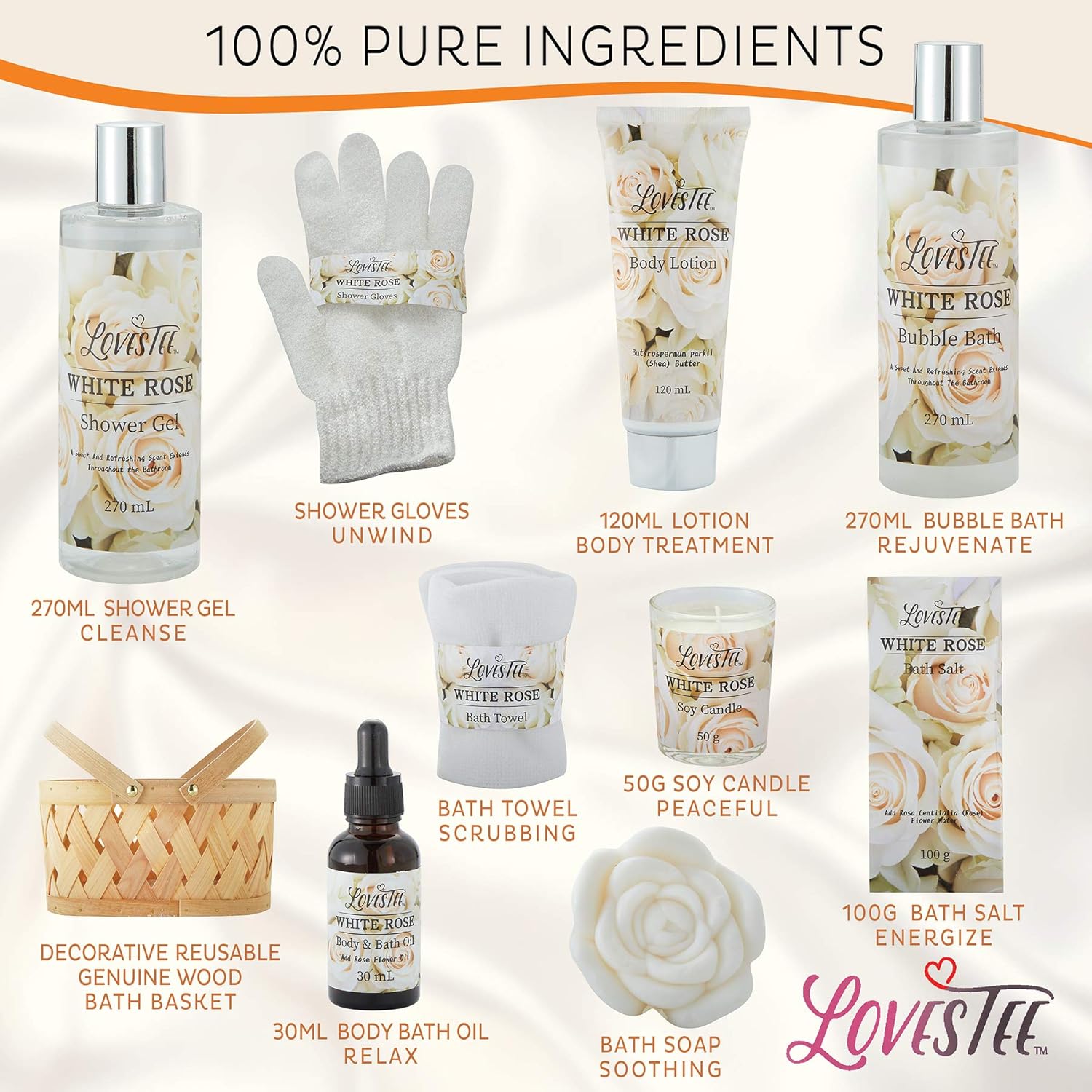 White Rose Set Body Lotion, Shower Gel, Bubble Bath, Bath Salt, Towel, Soap, Oil, Candle, Gloves I803