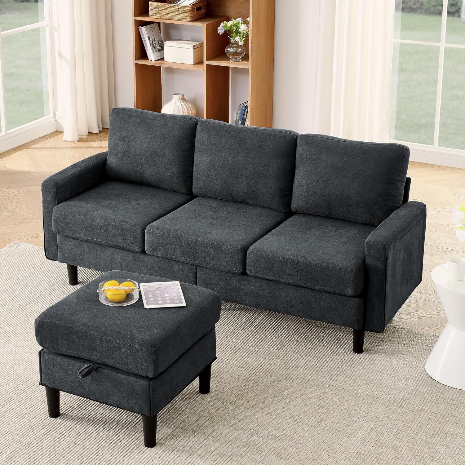 Dark Gray Fabric L Shaped Sectional Sofa with Storage Ottoman Y9257