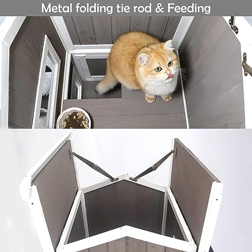 Outdoor Cat Shelter Weatherproof Two Story Wooden Cat House with Openable Roof Escape Door A940511