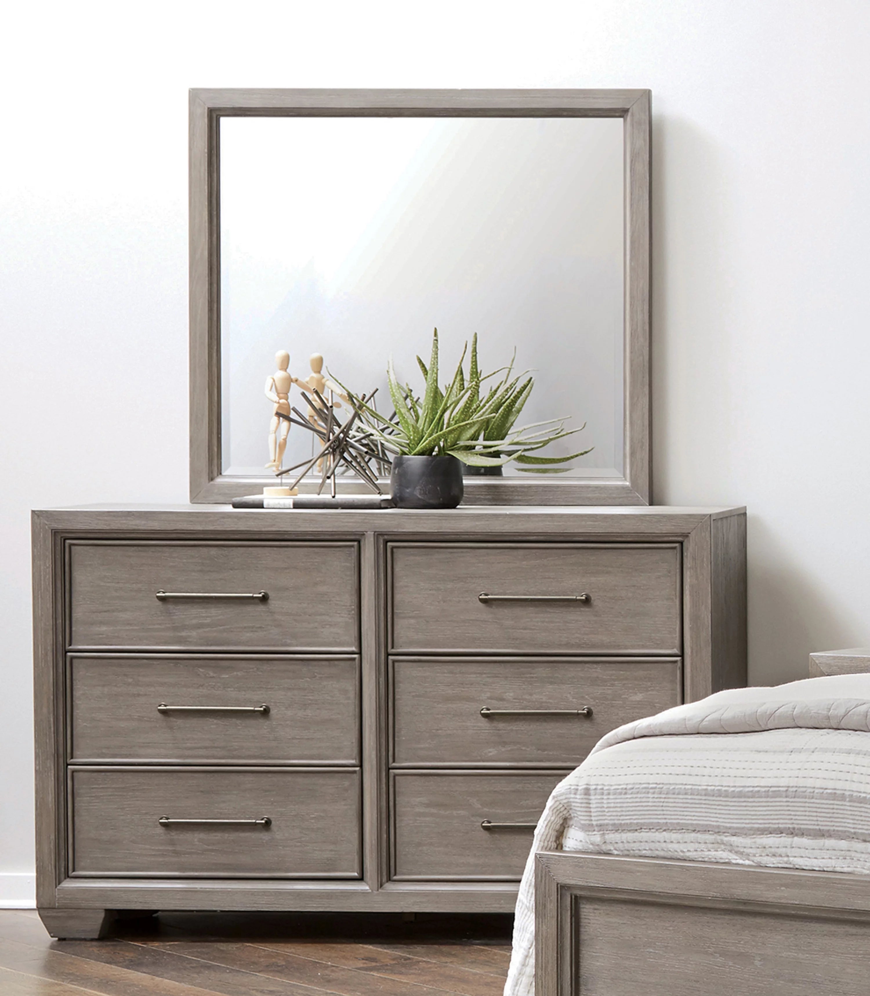 Gray Wood Queen Bedroom Set with Dresser, Mirror, Nightstand, and Chest K120