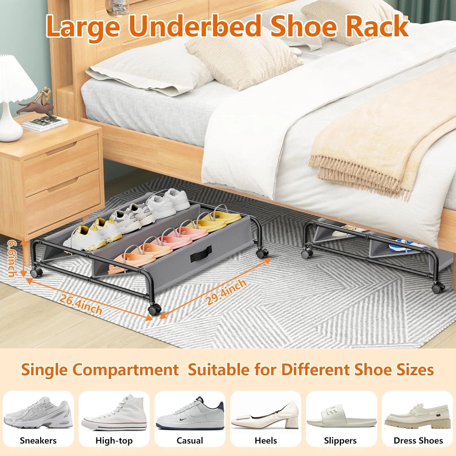 2 Pack Rolling Under Bed Shoe Storage with Breathable Mesh Pockets L30994