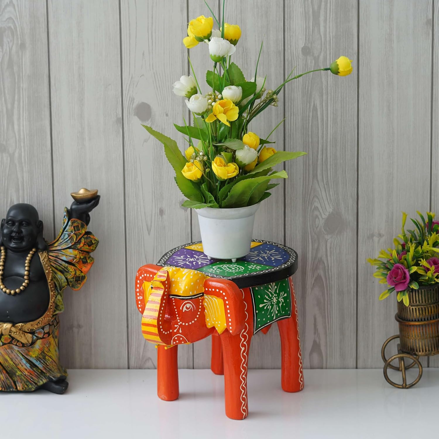 Handcrafted Emboss Painted Colorful Wooden Elephant Shape Stool Table Medium V780167