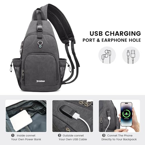 Canvas Sling Bag Crossbody Backpack with USB Charging Port (Dark Grey) E13567