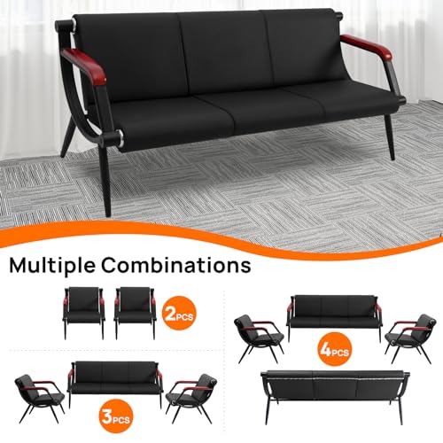 Black PU Leather Waiting Room Bench with Wooden Armrest V30646