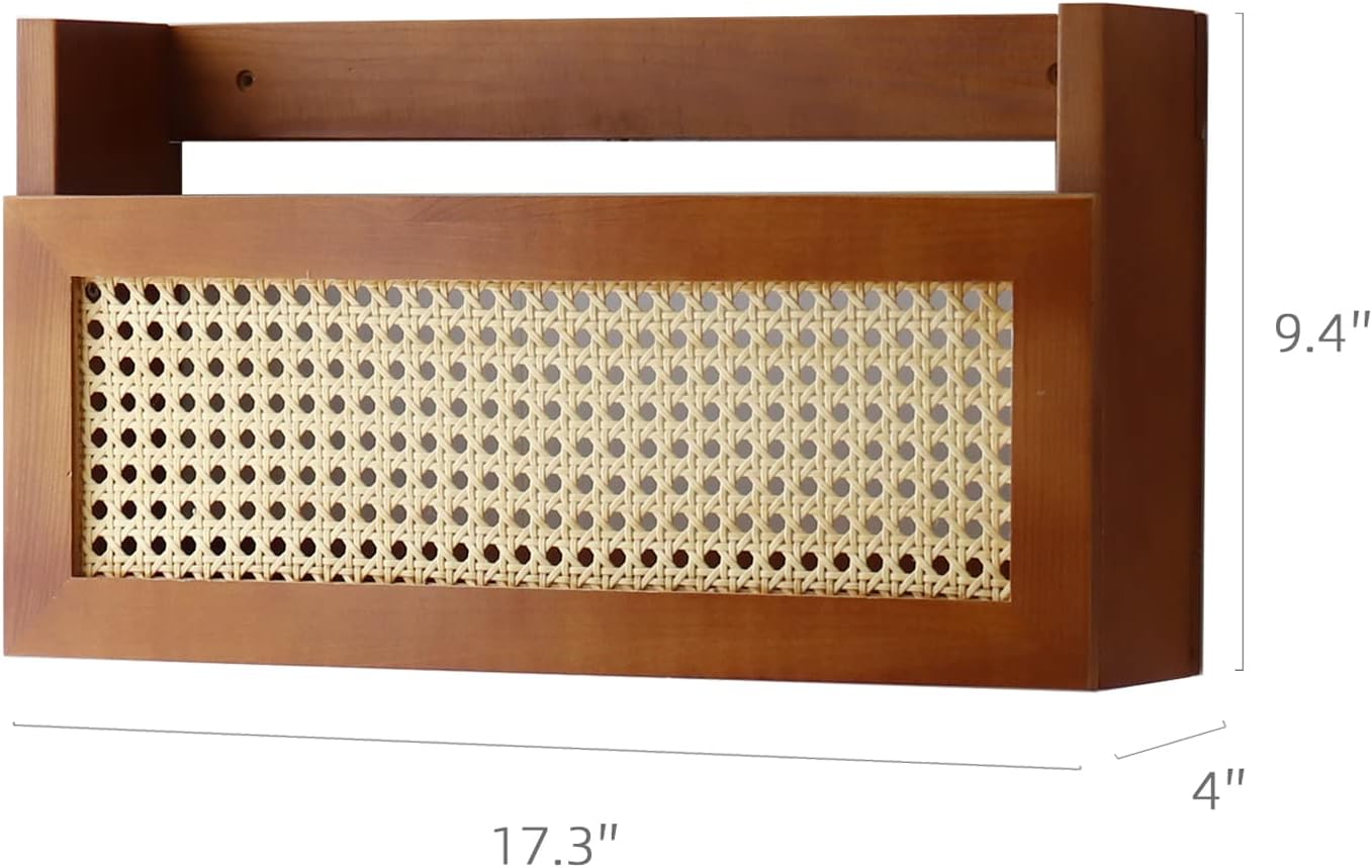 Wall Wood Magazine Rack with PE Rattan Grid, Size 17.3" x 4" x 9.4", Brown Q3319