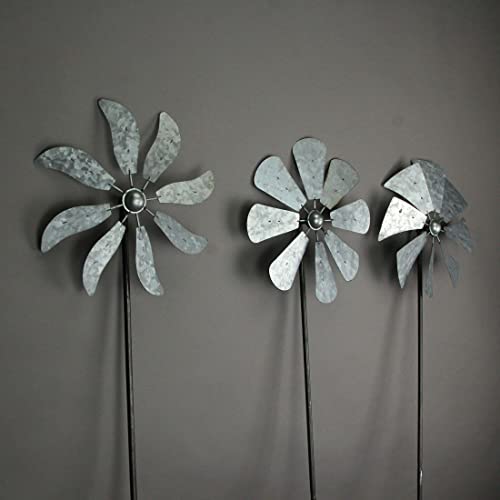 Set of 3 Galvanized Grey Wind Spinner Garden Stakes, 41 Inches High P366833