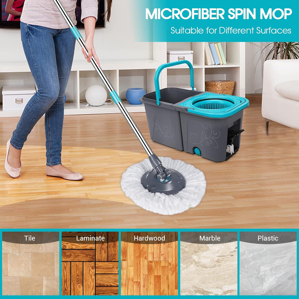 Spin Mop and Bucket with Wringer Set, Microfiber Mop Bucket with 6 Replacement Refills H294850
