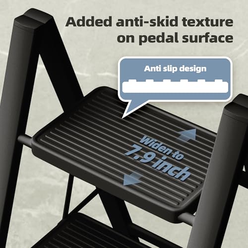Black Steel Folding Step Ladder with Anti-Slip Wide Pedal F93590