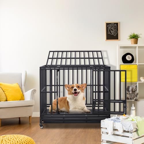42" Large Metal Wire Dog Crate with Lockable Wheels, Double Door J74281