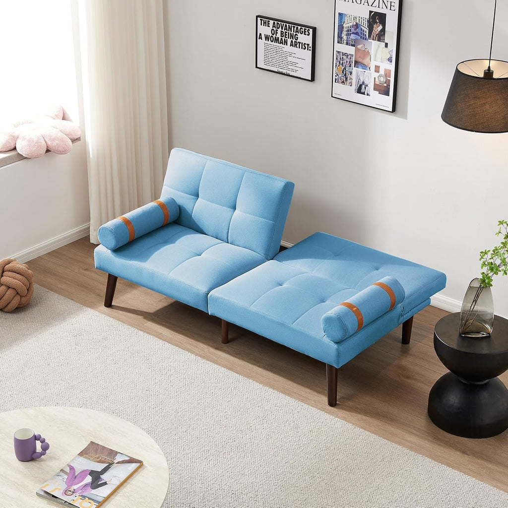 Blue Linen Futon Sofa Loveseat Convertible Sleeper Bed with Solid Wood Legs Adjustable Backrests A642