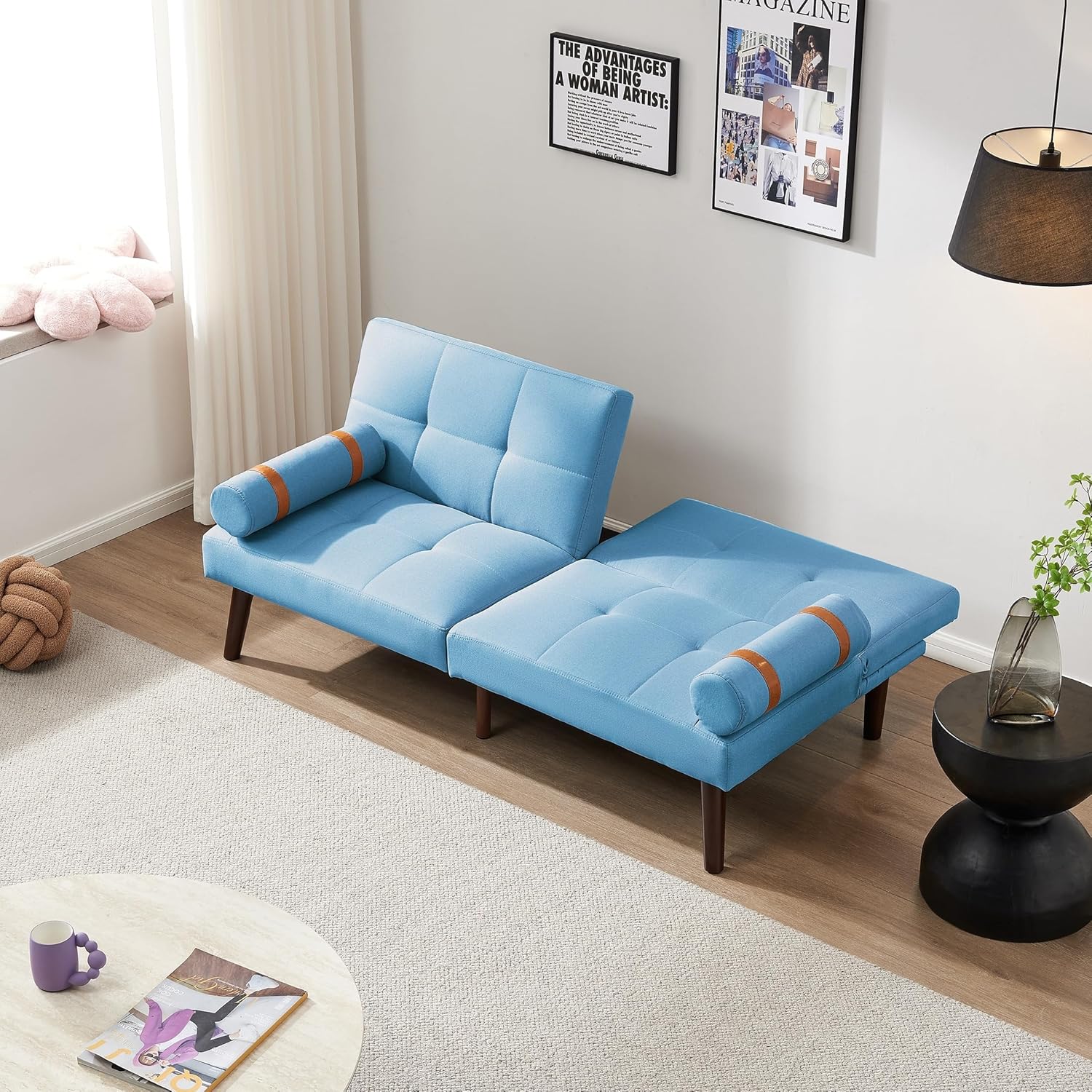 Blue Linen Futon Sofa Loveseat Convertible Sleeper Bed with Solid Wood Legs Adjustable Backrests A642