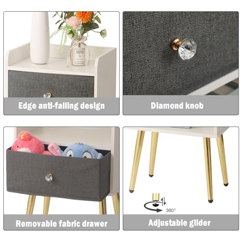 White Nightstand with Drawer Fabric Cabinet Storage with Sliding Drawers and Shelf C538545
