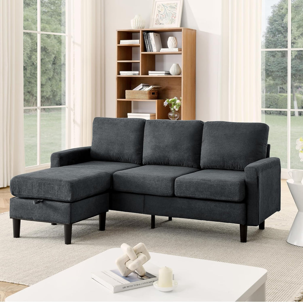 Dark Gray Fabric L Shaped Sectional Sofa with Storage Ottoman Y9257