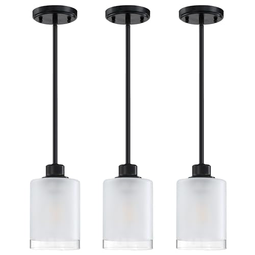 3 Pack 1-Light Industrial Farmhouse Pendant Ceiling Light Frosted Glass Black Finish R4228
