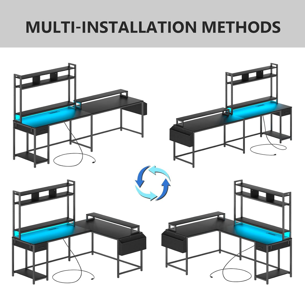 L Shaped Gaming Computer Desk with Monitor Shelf, Power Outlets & LED Lights A7639
