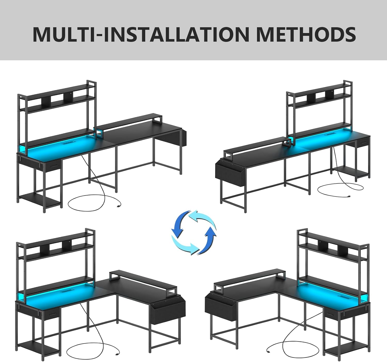L Shaped Gaming Computer Desk with Monitor Shelf, Power Outlets & LED Lights A7639