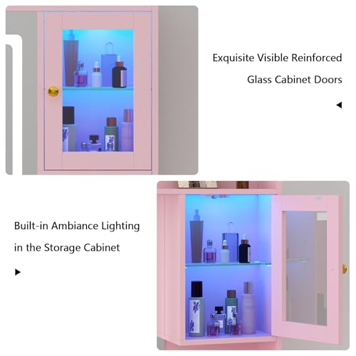 White Makeup Vanity Desk with Mirror and Lights, Large Vanity Table Set with Charging Station, Dressing Table with RGB Cabinets, 3 LED Lights Modes M39437
