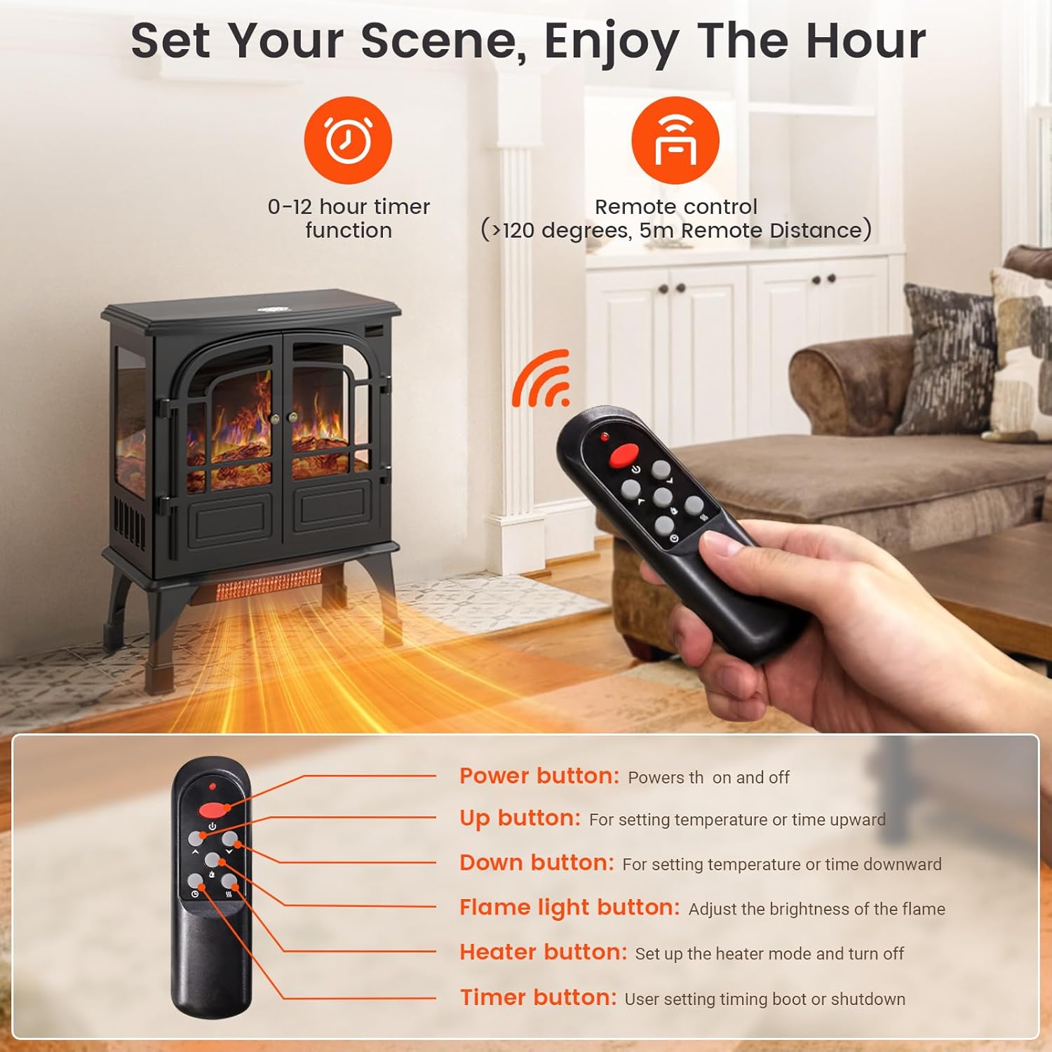 24'' Electric Fireplace Heater with Remote Control, 3D Realistic Flame, 750/1500W M172899