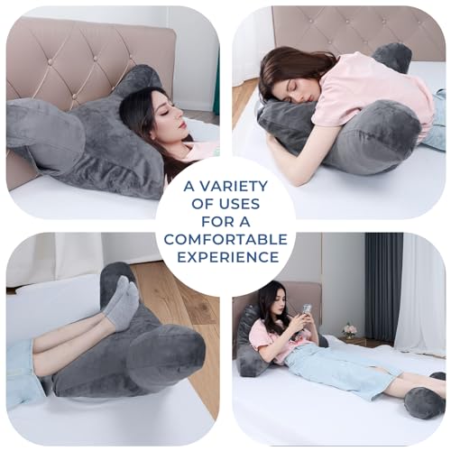 Grey Backrest Pillow with Arms, Headrest, Pockets, Removable Washable Cover, Detachable Neck Roll (Large 27") A9241