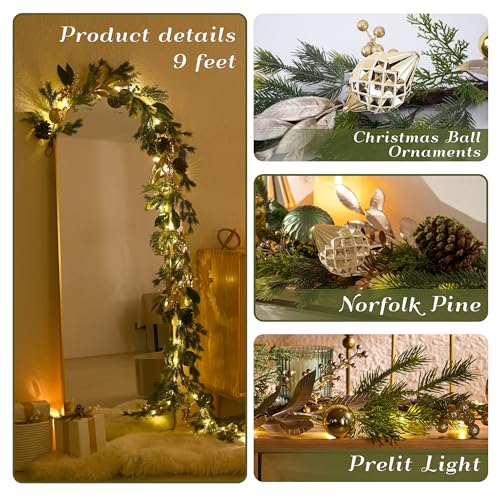 6Ft Prelit Christmas Garland with Pine Cone, Bow Ornaments (Green Gold) D810998