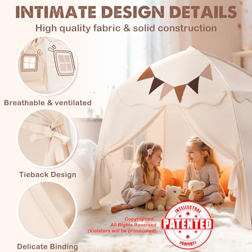 Cream Extra Large Kids Play Tent with Flags & Star Lights, 59x39x59 in H711292