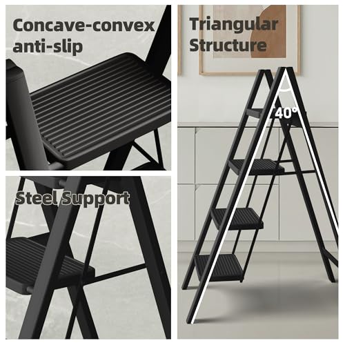 Black Steel Folding Step Ladder with Anti-Slip Wide Pedal F93590