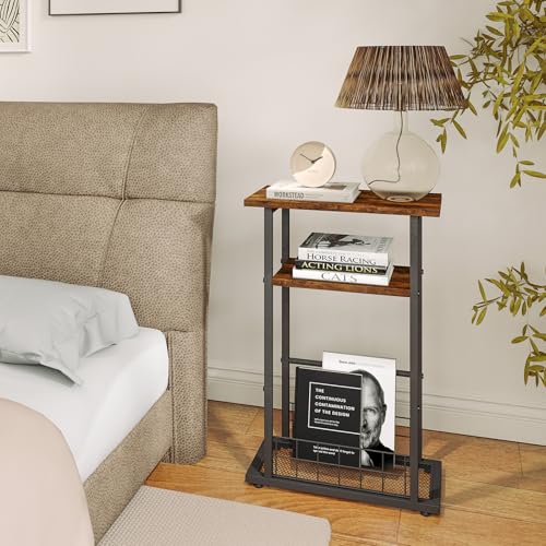 3-Tier Narrow End Table with Magazine Holder Rustic Brown X955
