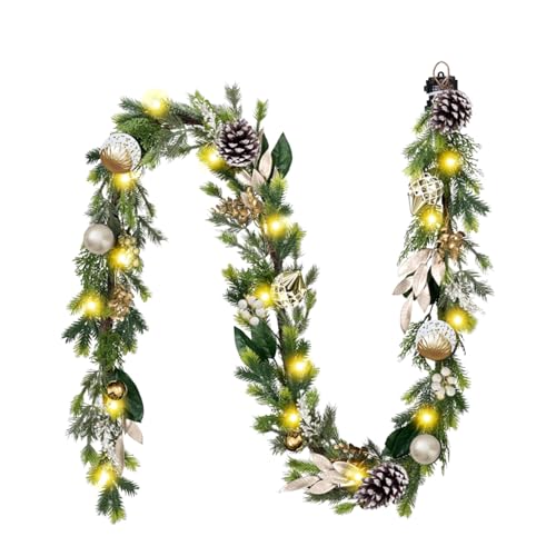 6Ft Prelit Christmas Garland with Pine Cone, Bow Ornaments (Green Gold) D810998