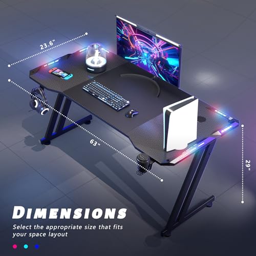 47 Inch Gaming Desk with LED Lights Carbon Fibre Surface N163