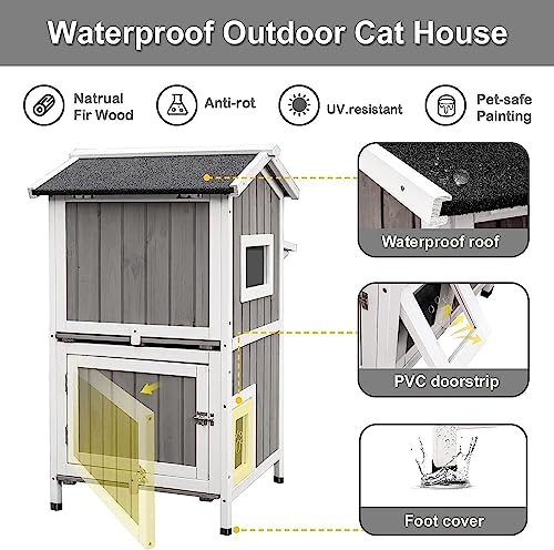 Outdoor Cat Shelter Weatherproof Two Story Wooden Cat House with Openable Roof Escape Door A940511