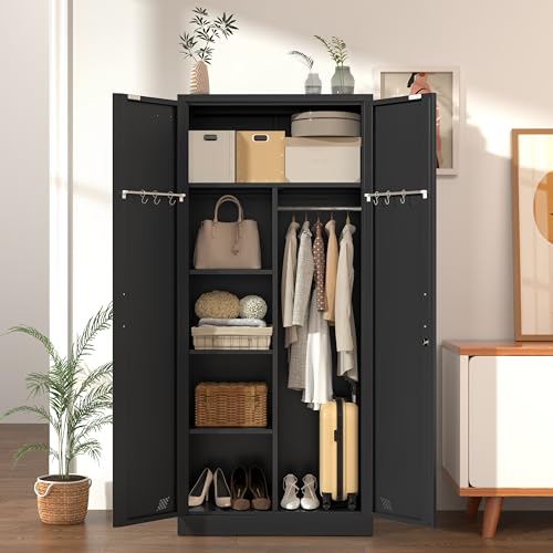 Black Metal Armoire Wardrobe with 2 Doors, 1 Adjustable Shelf, 2 Drawers, and Hanging Rod G14026
