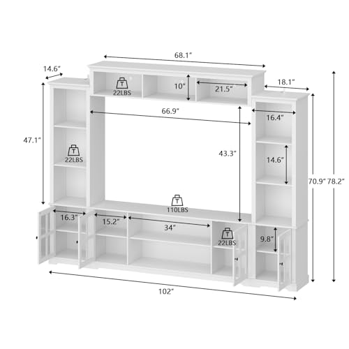 Grey 102" W Large Farmhouse TV Stand with Glass Doors T6774