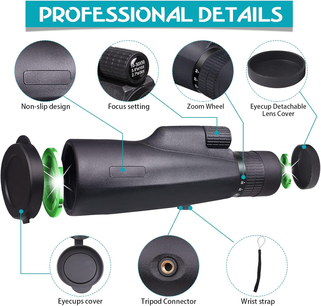 30x50 HD Waterproof Monocular with Smartphone Adapter Tripod BAK4 Prism FMC X526144