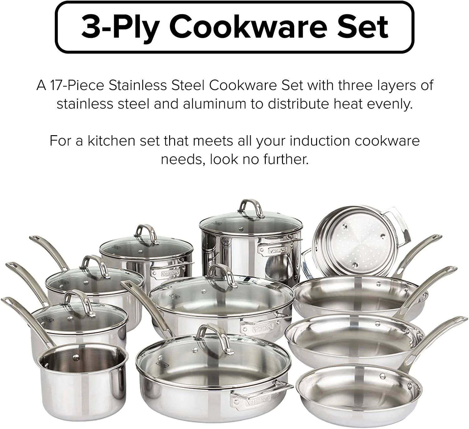 17pc Stainless Steel Cookware Set with Glass Lids V610