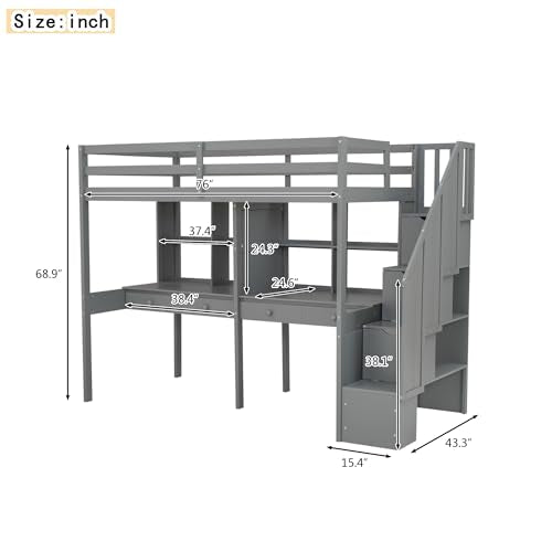 Gray Full Size Wood Loft Bed with Desk, Wardrobe and Three Storage Drawers K396673