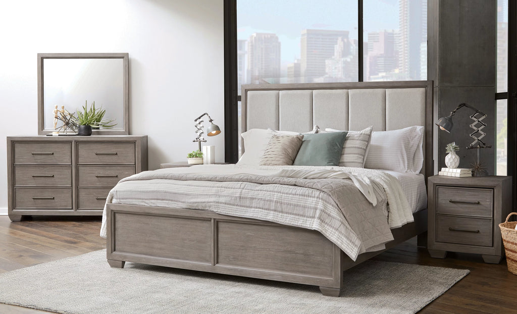 Gray Wood Queen Bedroom Set with Dresser, Mirror, Nightstand, and Chest K120
