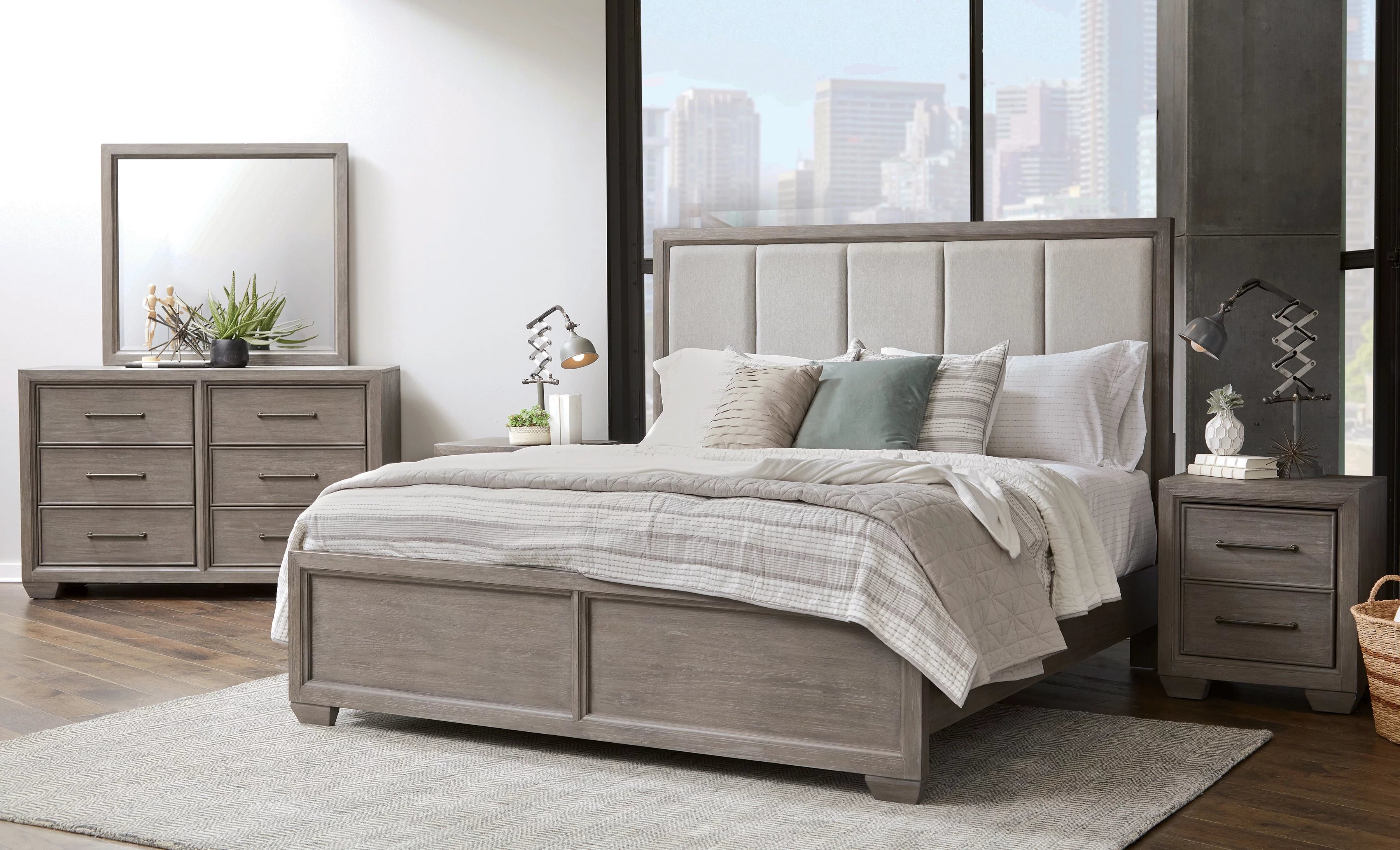 Gray Wood Queen Bedroom Set with Dresser, Mirror, Nightstand, and Chest K120