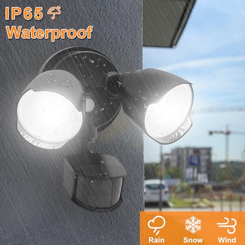 15W 1500 Lumen LED Security Lights with Motion Sensor Outdoor, 3000K/5000K Light, IP65 Waterproof, Dusk to Dawn, Dual-Head Flood Wall Light (Black) W116