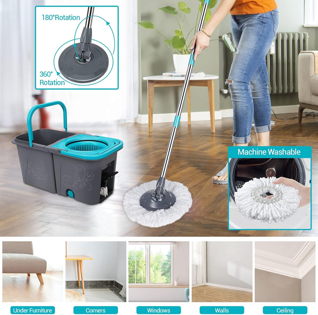 Spin Mop and Bucket with Wringer Set, Microfiber Mop Bucket with 6 Replacement Refills H294850