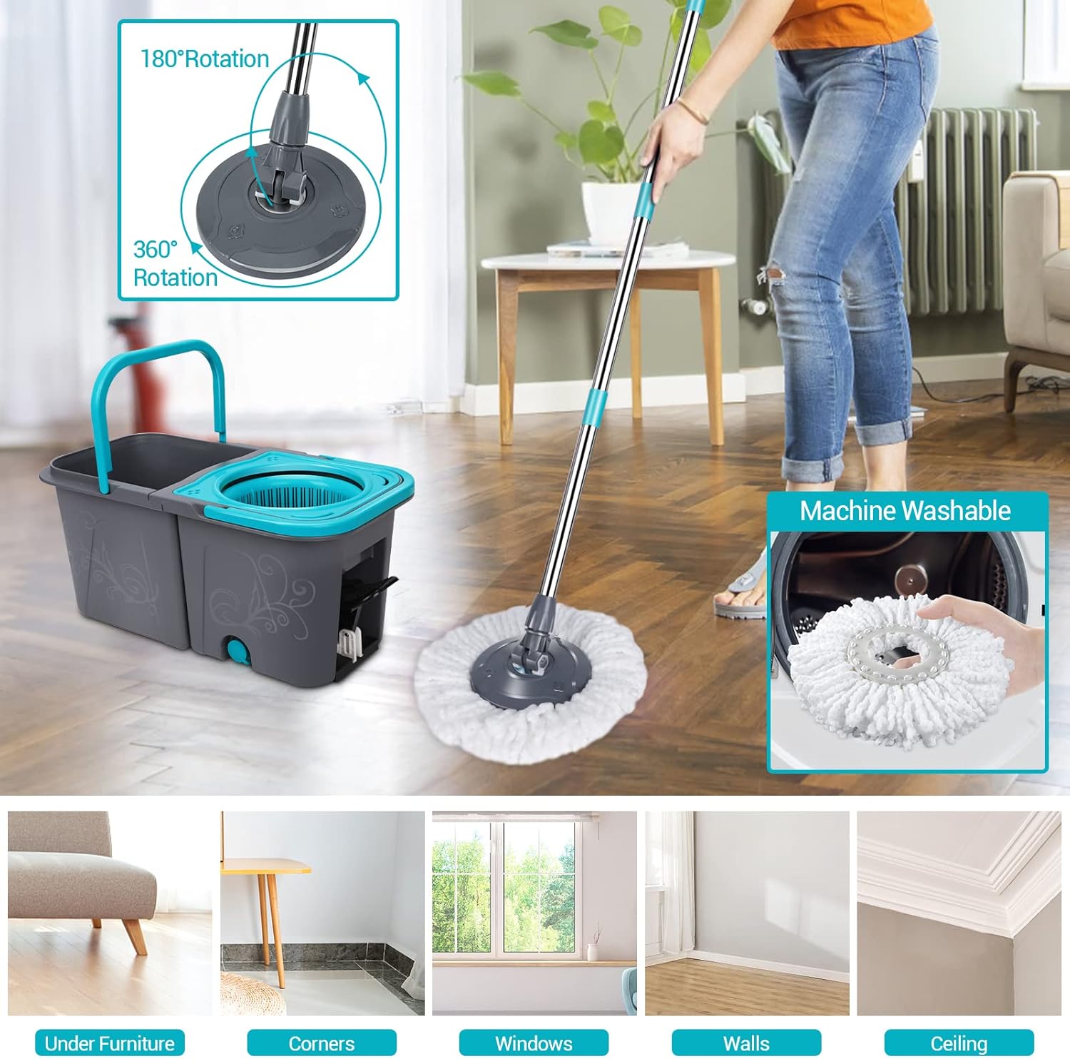 Spin Mop and Bucket with Wringer Set, Microfiber Mop Bucket with 6 Replacement Refills H294850