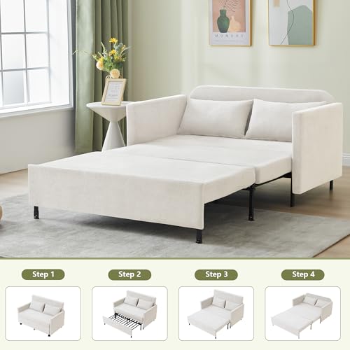 3-in-1 Sleeper Sofa Bed, 51'' Convertible Folding Couch with Pullout Bed, Chenille Futon Sleeper Sofa with Side Table and 2 Pillows, Grey A67760