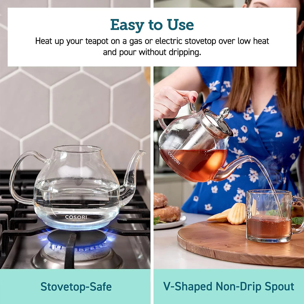 Glass Teapot Stovetop Gooseneck Kettle with Removable Stainless Steel Infuser, Borosilicate, 1000 ml, Transparent D5339