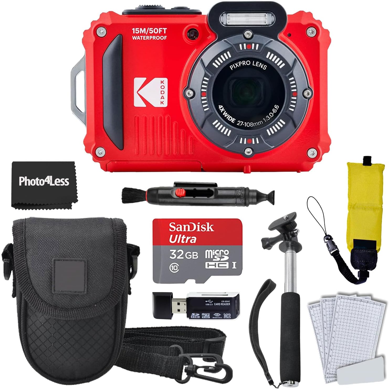 Red Rugged Waterproof Digital Camera with Case, Monopod, Card Reader (9 Items) X37211