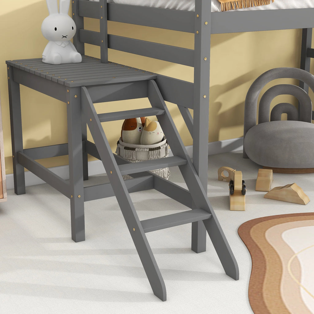 Gray Full Wood Loft Bed with Safety Rail and Ladder H69359
