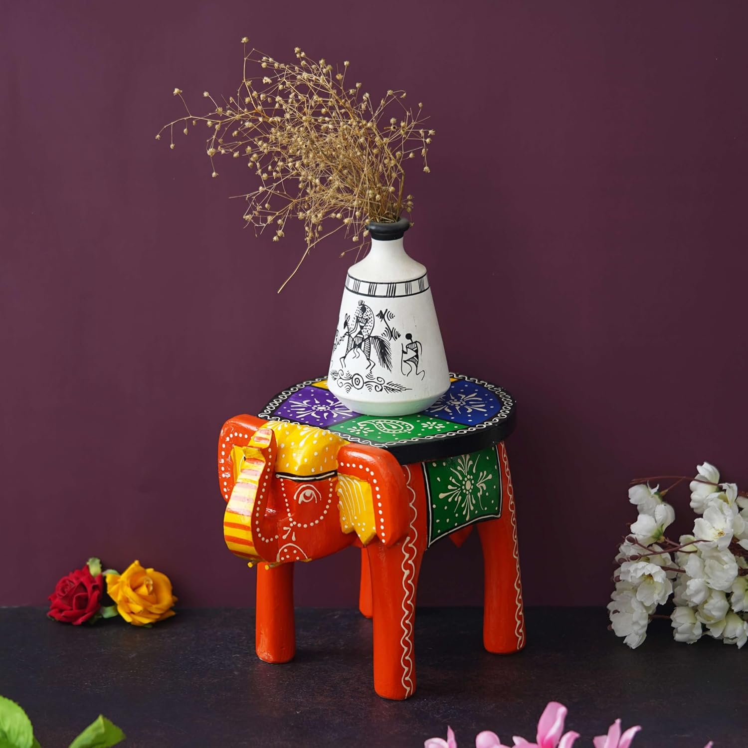 Handcrafted Emboss Painted Colorful Wooden Elephant Shape Stool Table Medium V780167