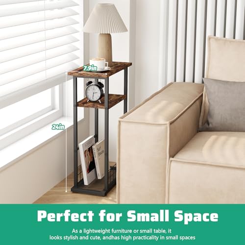3-Tier Narrow End Table with Magazine Holder Rustic Brown X955