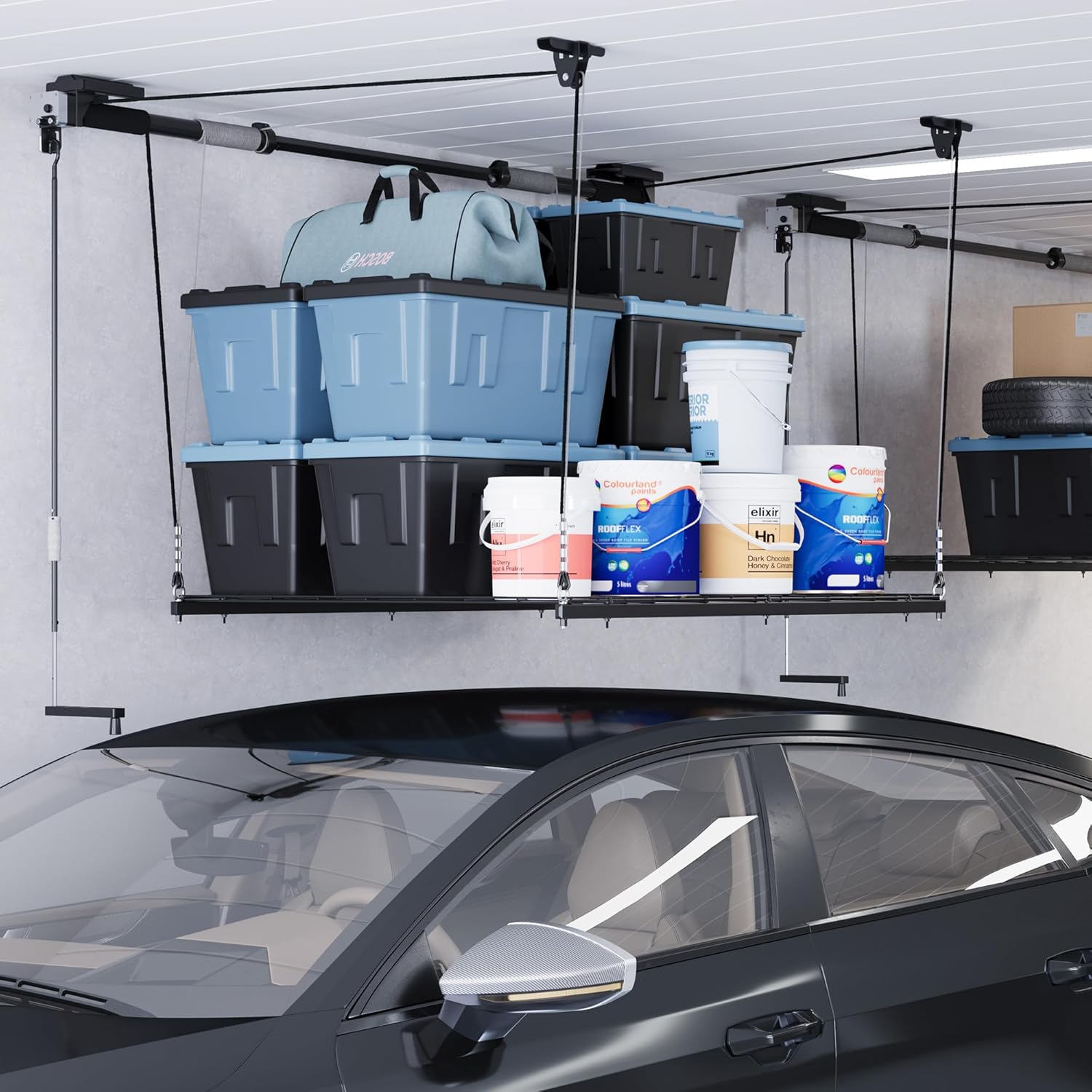4x4 Ft Overhead Garage Storage Rack, Satin Black T52378