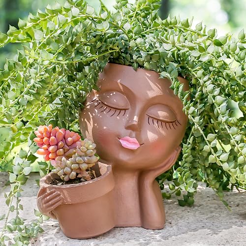 Khaki Lady Face Planter Pot with Drainage Hole R73216
