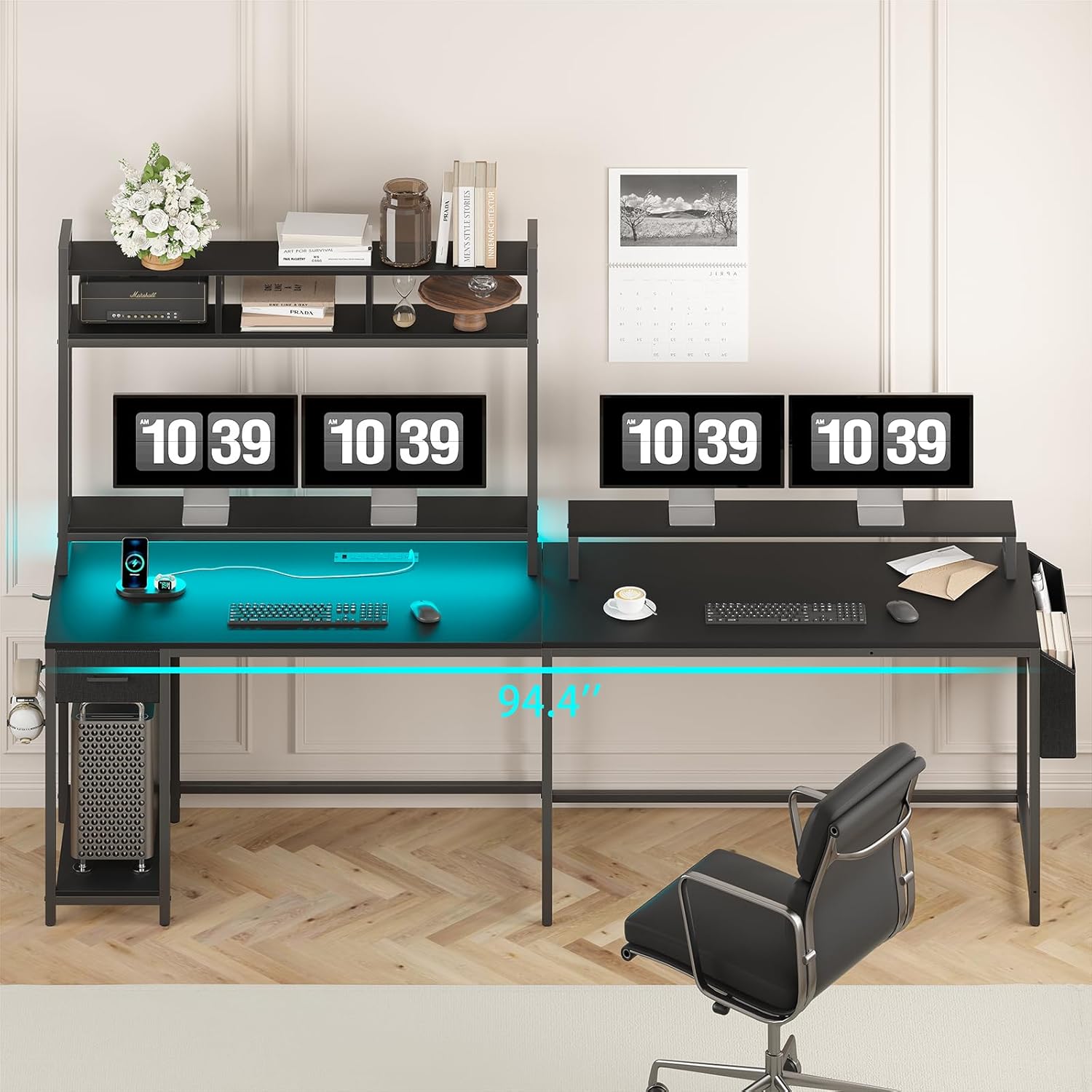 L Shaped Gaming Computer Desk with Monitor Shelf, Power Outlets & LED Lights A7639